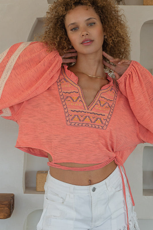V-Neck Cropped Long Sleeve Top