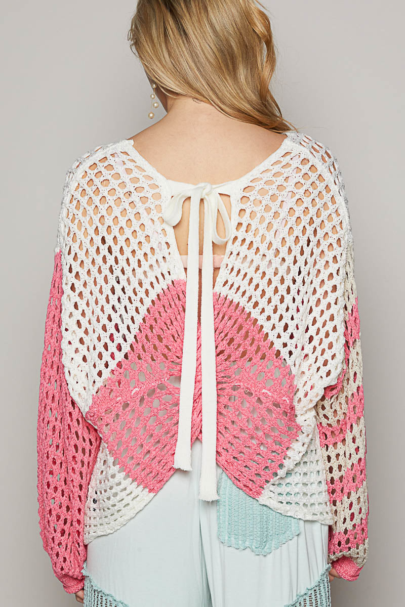 V-Neck Back Tie Long Sleeve Oversized Fish Net Sweater