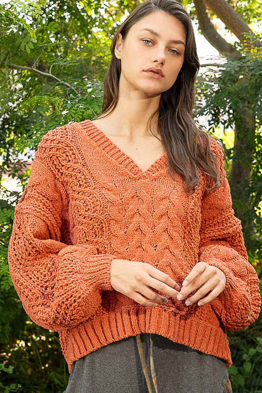 Pumpkin Fall V-Neck Balloon Sleeve Chenille Sweater