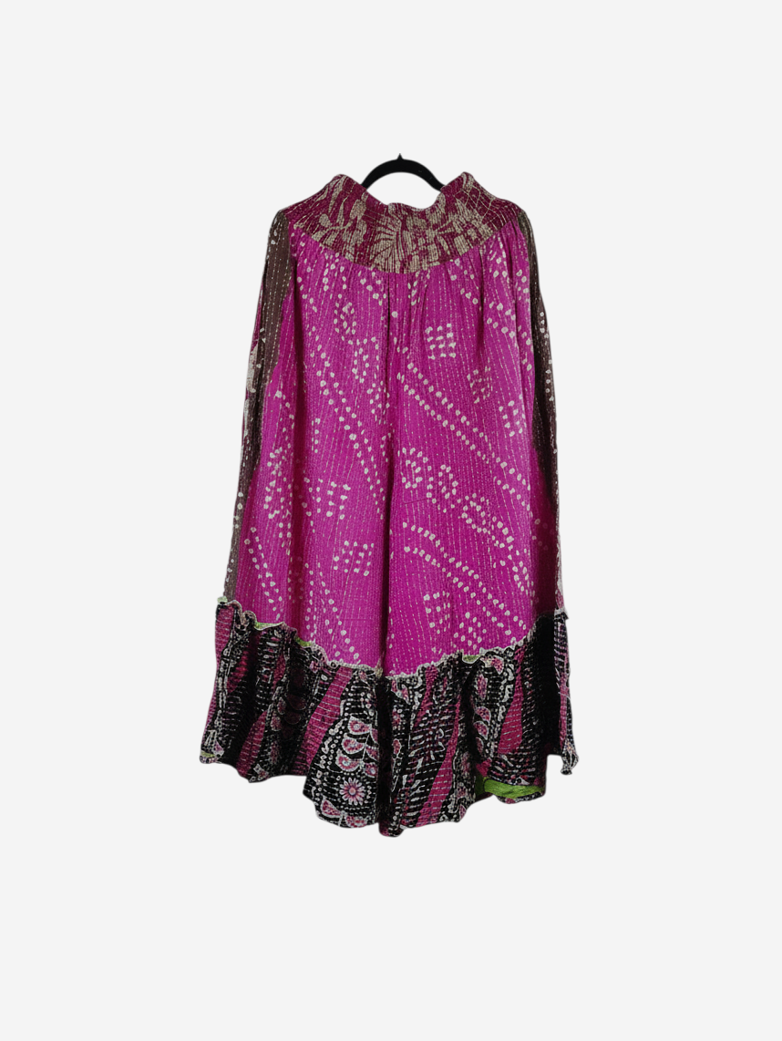 She Lives Beauty Anything for Selenas pants in magenta vintage kantha cotton with a black patterned ruffle hem.