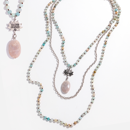 "Have Faith" Lotus Amazonite Long Chain Fusion Necklace