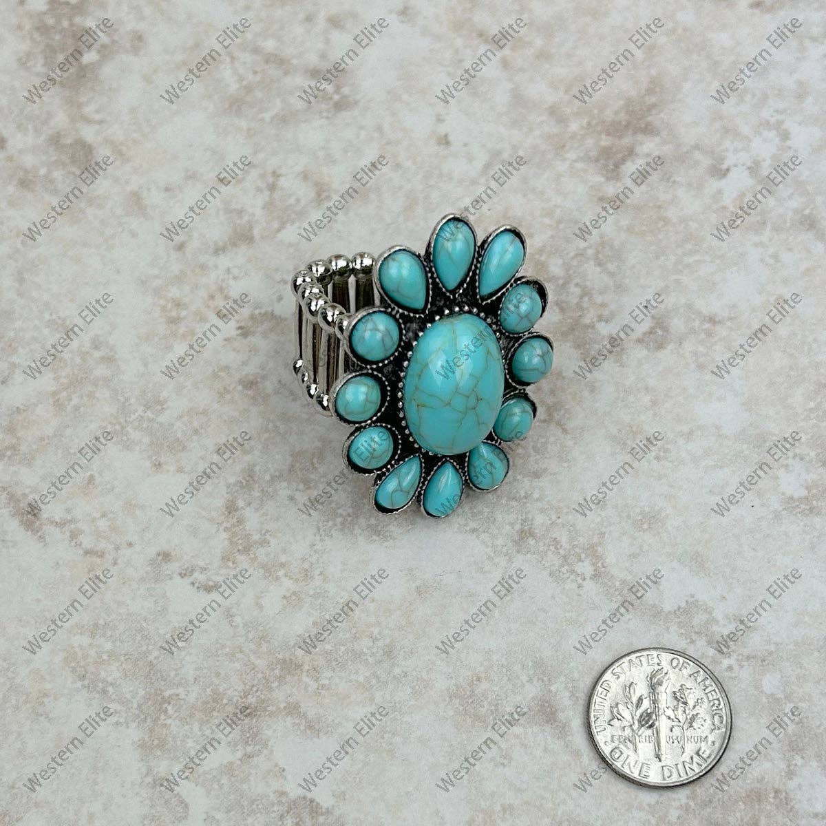 RGS230701-02-BLUE Silver with turquoise stone concho stretch Ring