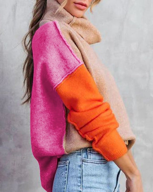 Color Block Turtle Neck Drop Shoulder Knit Sweater