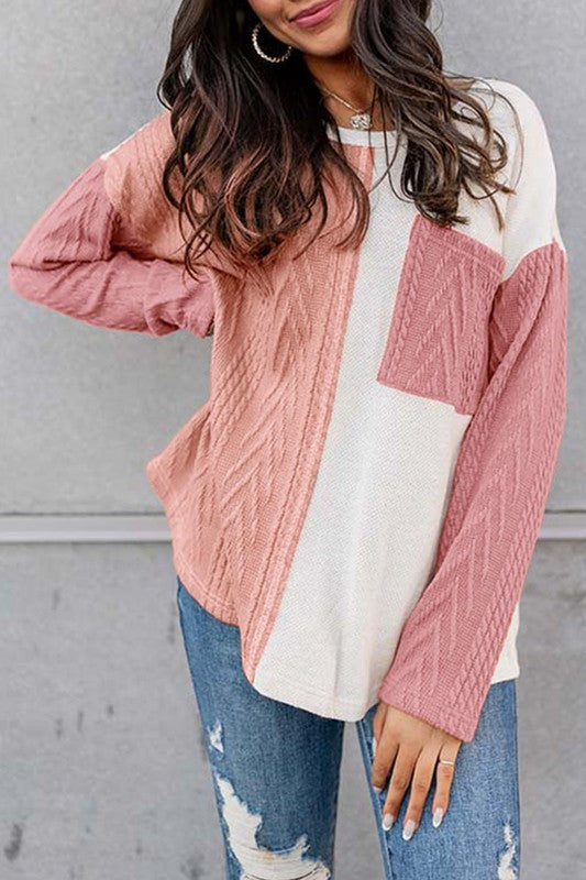 Beautiful Casual Long Sleeve Color Block Pocket Knit Top (2 Options)