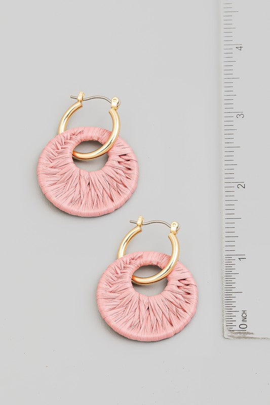 Raffia Wrapped Disc Charm Hoop Earrings