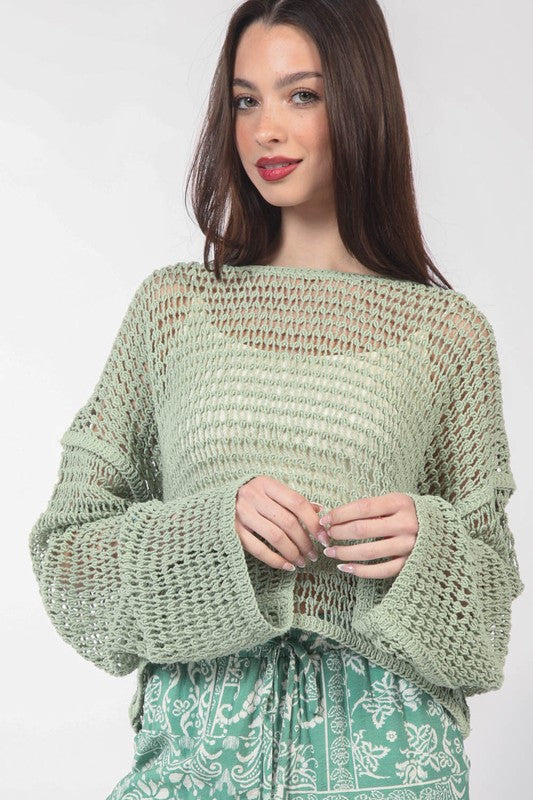 Loose Fitted Waist Length Crochet Knit Top