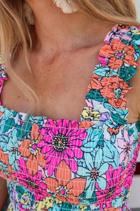 Springing in Summer Multicolor Floral Print Smocked Tank Top