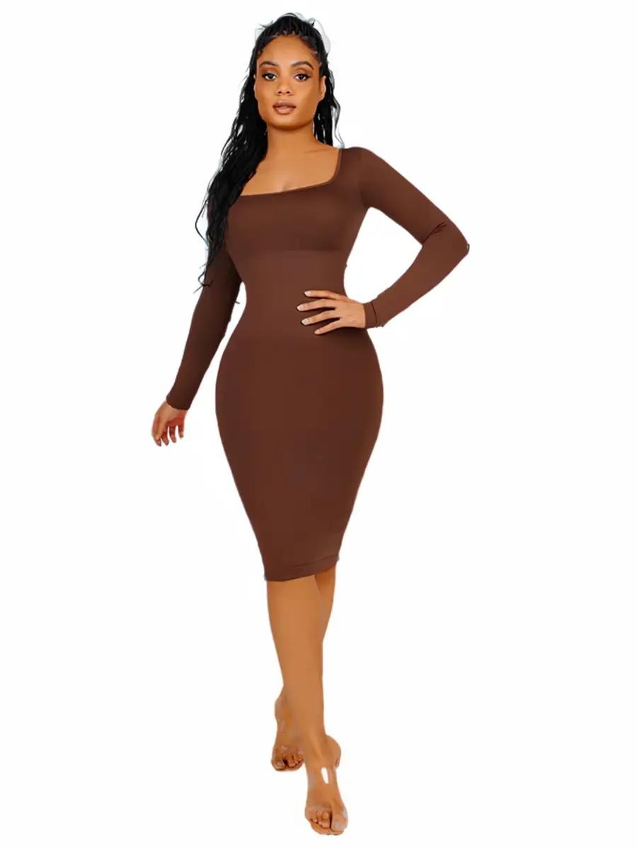 Elegant Sexy Seamless Square Neck Long Sleeve Shaper Dress (3 Options)