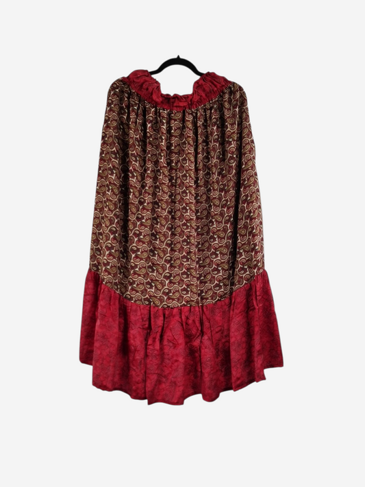 She Lives Beauty Sienna Moon cargo silk skirt in red and brown vintage rasgulla silk with a flowing bohemian design.