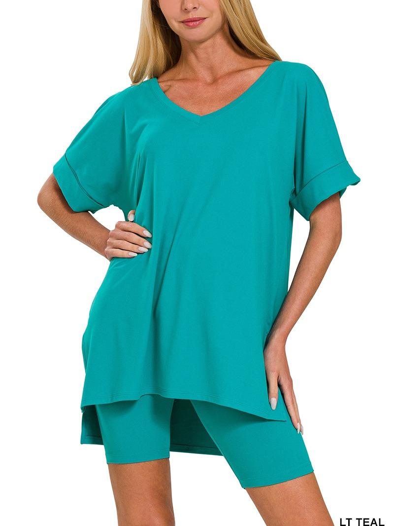 Elegant Comfort V-Neck Microfiber Top & Biker Shorts (12 Options)