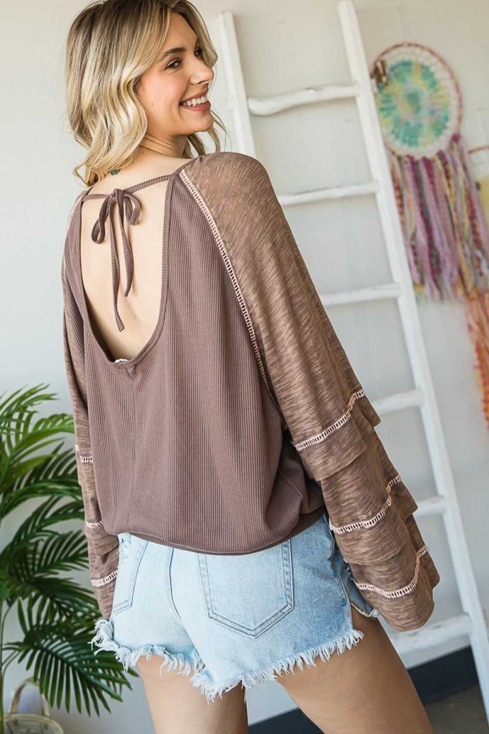 Washed Tucked Sleeve Raglan Knit Top