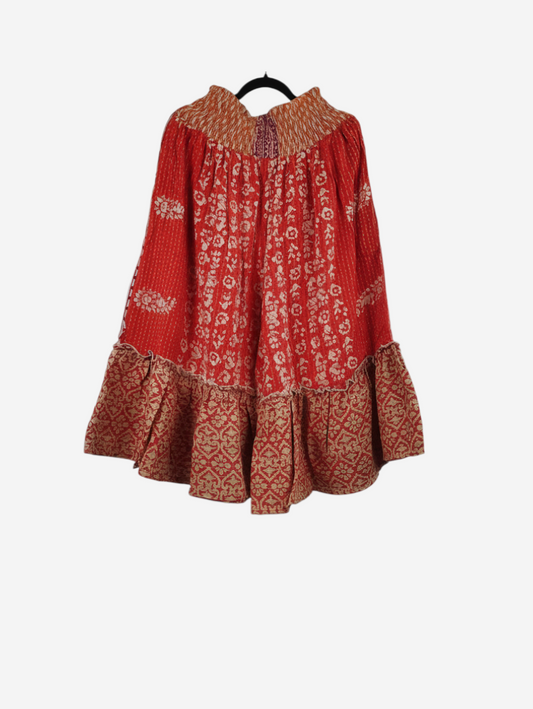 She Lives Beauty Anything for Selenas Bloomers in red vintage kantha cotton with an oversized ruffle hem