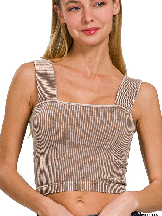 Washed Ribbed Square Neck Top w/ Removable Bra Pads (6 Options)