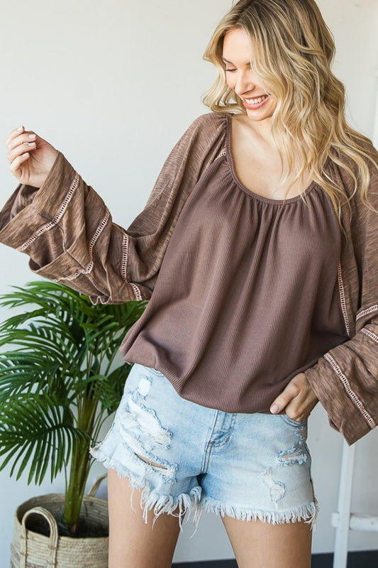 Washed Tucked Sleeve Raglan Knit Top