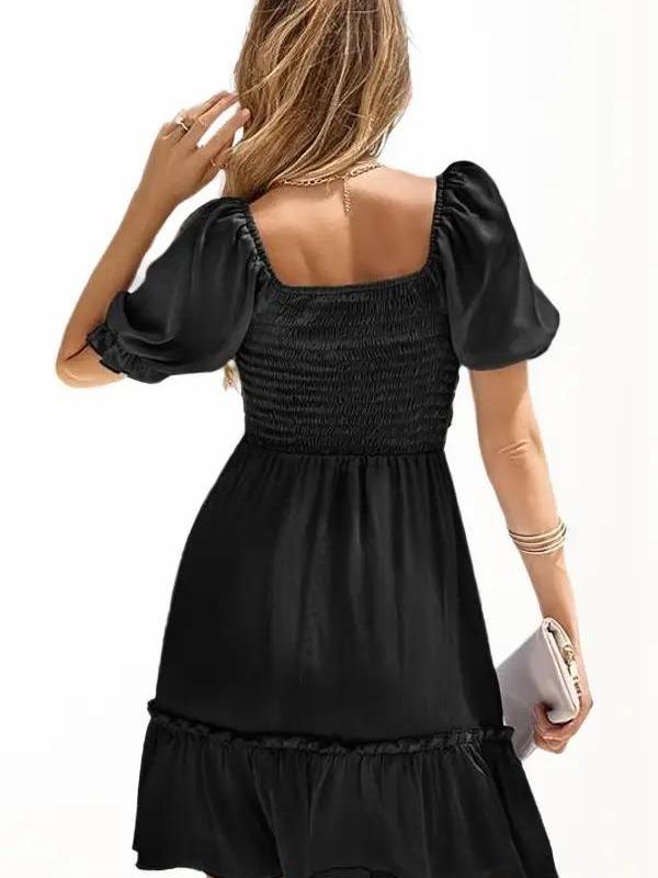 Styling in Black Casual Square Collar Bubble Sleeve Dress