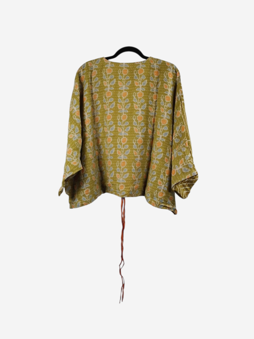 She Lives Beauty Sunrise Hana butterfly top in olive green vintage cotton with floral kantha stitching and tie hem.