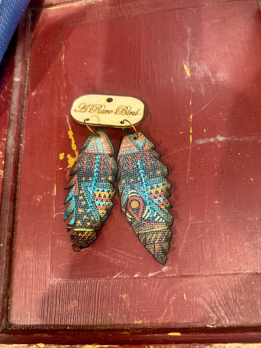 Aztec Leather Feather Earrings