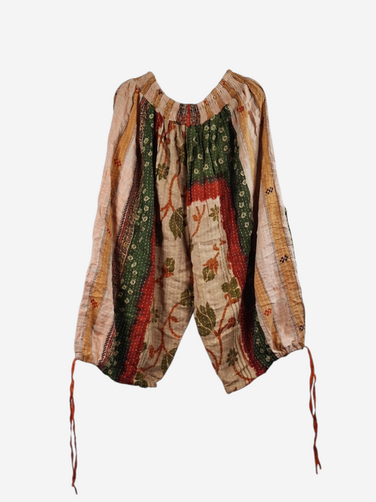 She Lives Beauty vintage cotton kantha capri joggers with colorful bohemian patterns and relaxed cargo fit