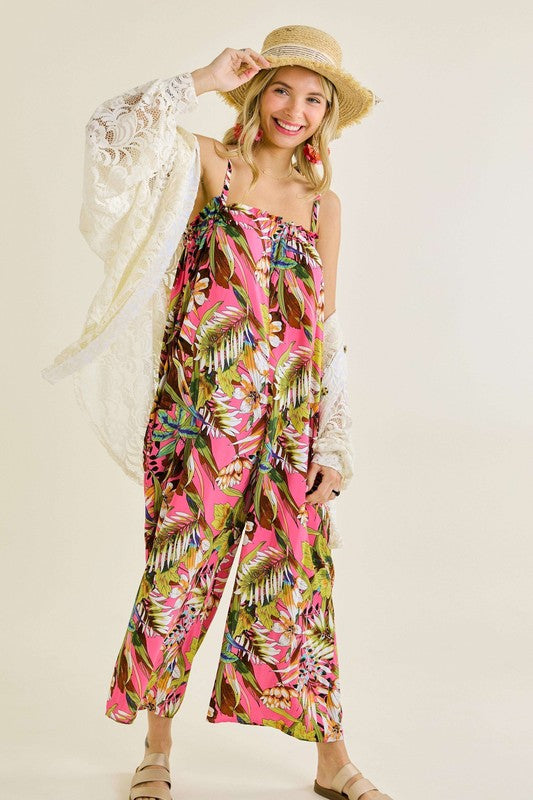 Tropical Elastic Chest Line Jumpsuit w/ Pockets!!