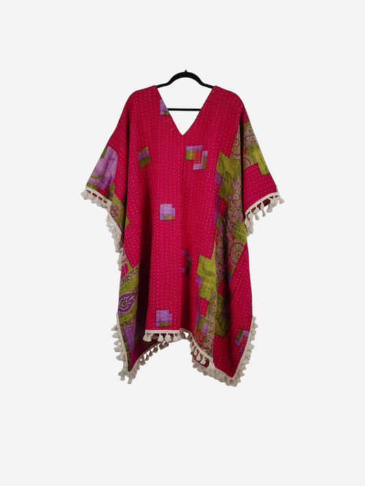She Lives Beauty reversible pink and green vintage cotton kantha kimono with fringe trim and long sleeves.
