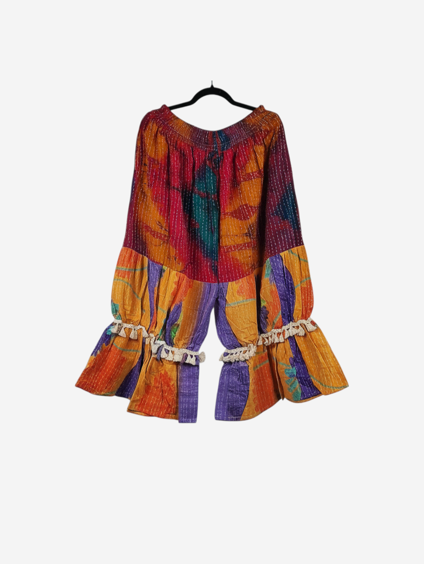 She Lives Beauty Heritage Whisper Kantha bloomers in multicolored vintage cotton sari fabric with tassel trim