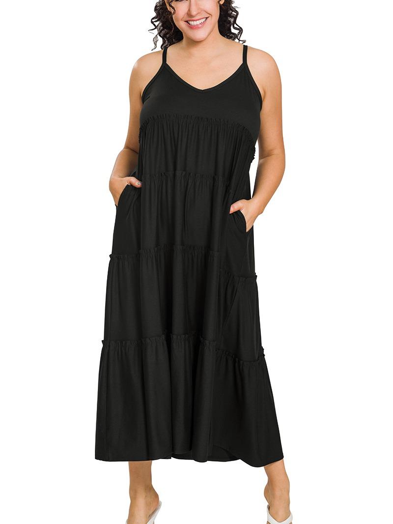Plus Size Sunrise V-Neck Maxi Tiered Dress w/ Side Pockets!! (5 Options)