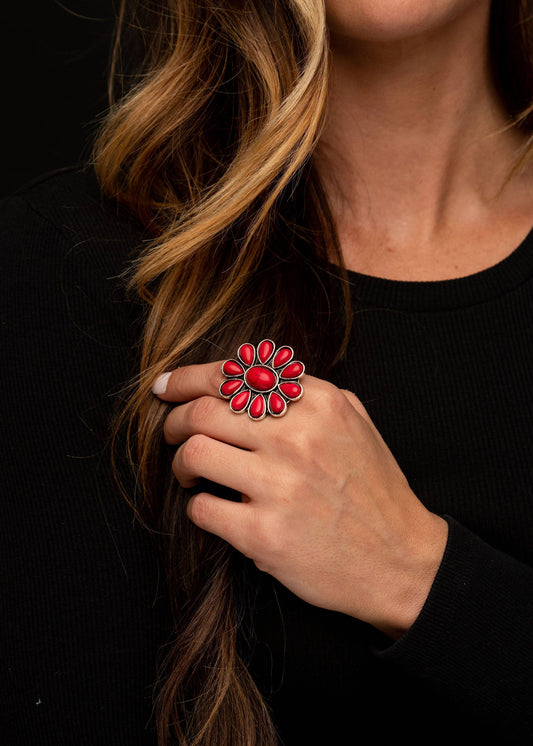 Adjustable..Red Flower Cluster Ring