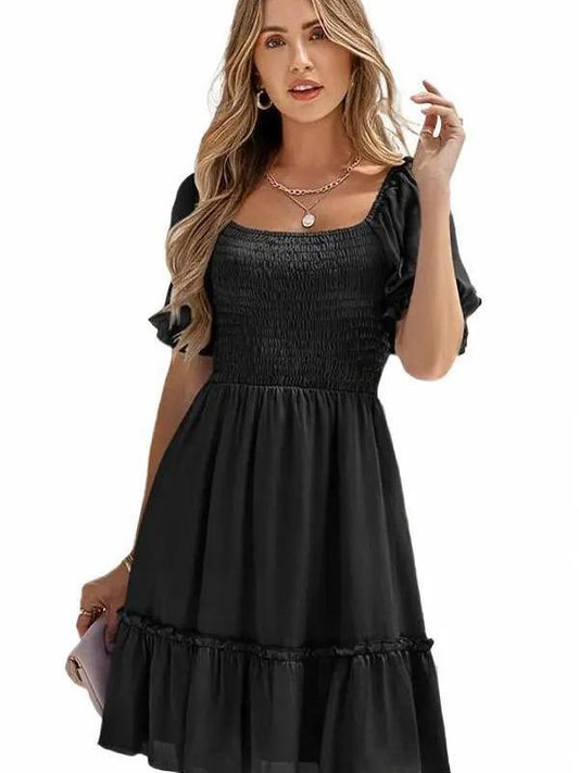 Styling in Black Casual Square Collar Bubble Sleeve Dress