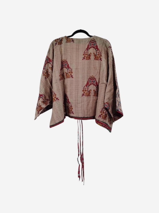 She Lives Beauty Sunrise Hana butterfly top in beige vintage cotton with red floral kantha stitching and tie detail.