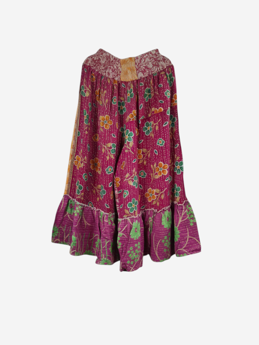 She Lives Beauty Anything for Selenas pants in magenta vintage kantha cotton with floral print and ruffled hem.