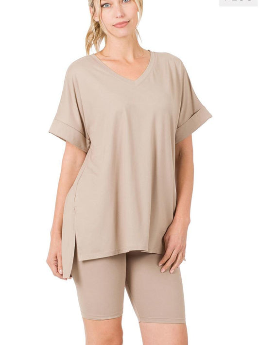 Plus Brushed Microfiber V-Neck Top & Biker Shorts (7 Options)