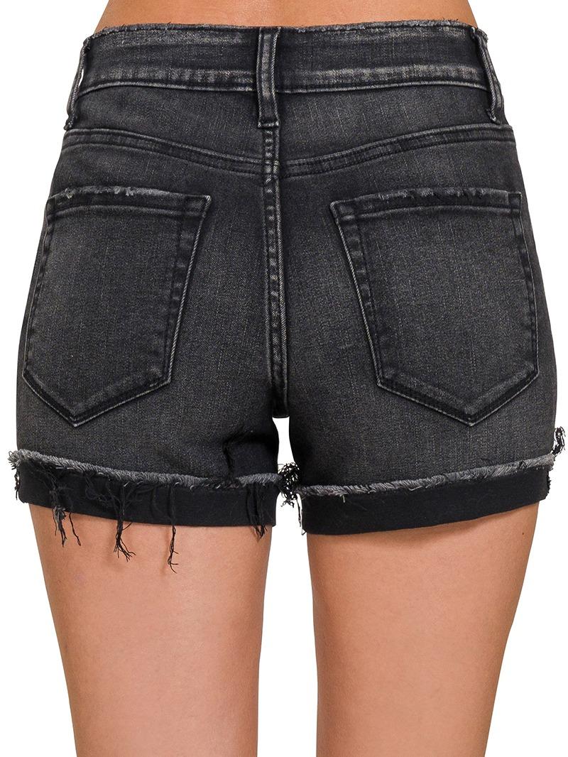 Hanging Out Washed Black Cuffed Raw Hem Denim Shorts