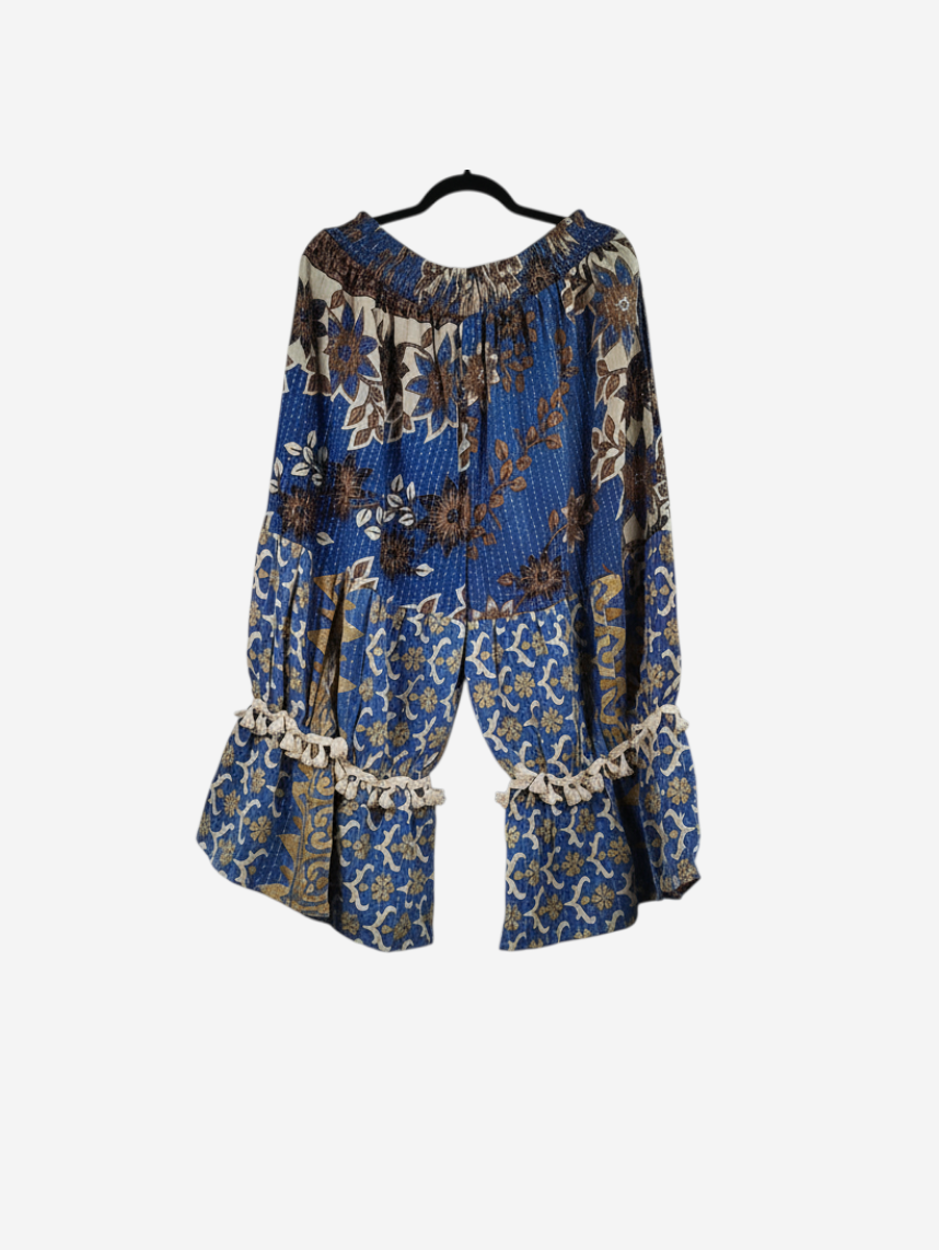 She Lives Beauty Heritage Whisper Kantha bloomers in blue vintage cotton sari fabric with traditional hand stitching.