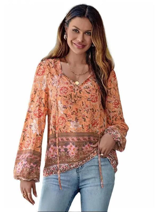 Gorgeous Floral Print V Neck Blouse