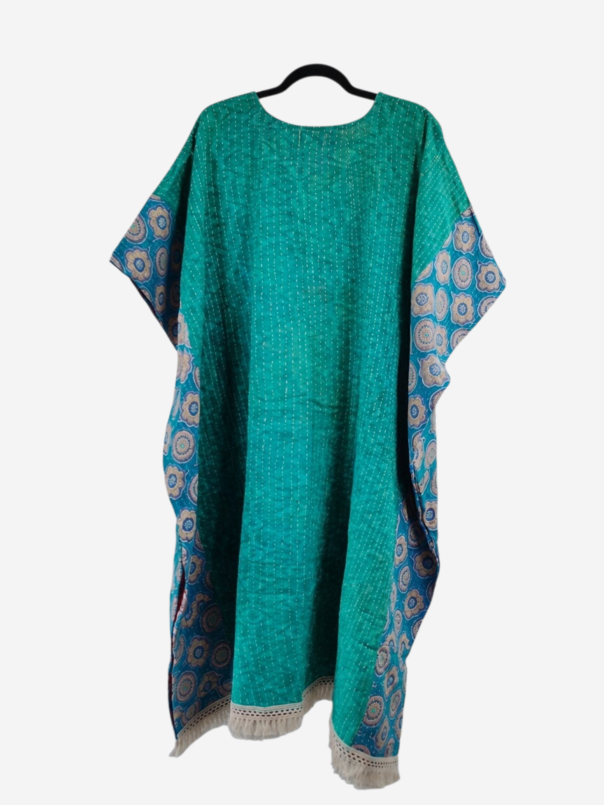 She Lives Beauty reversible green kantha kaftan made from vintage cotton with floral patterns and fringe hem