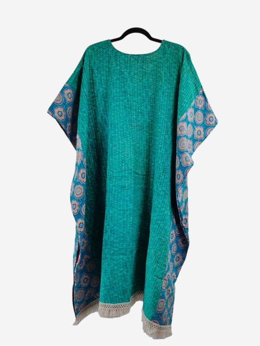 She Lives Beauty reversible green kantha kaftan made from vintage cotton with floral patterns and fringe hem