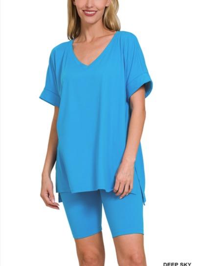 Elegant Comfort V-Neck Microfiber Top & Biker Shorts (12 Options)