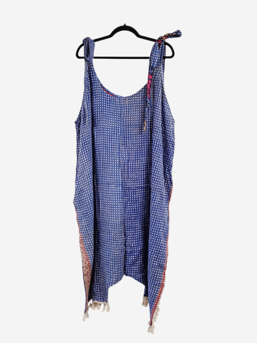 She Lives Beauty bohemian harem capri jumpsuit in blue vintage kantha cotton with unique hand-stitched patterns.