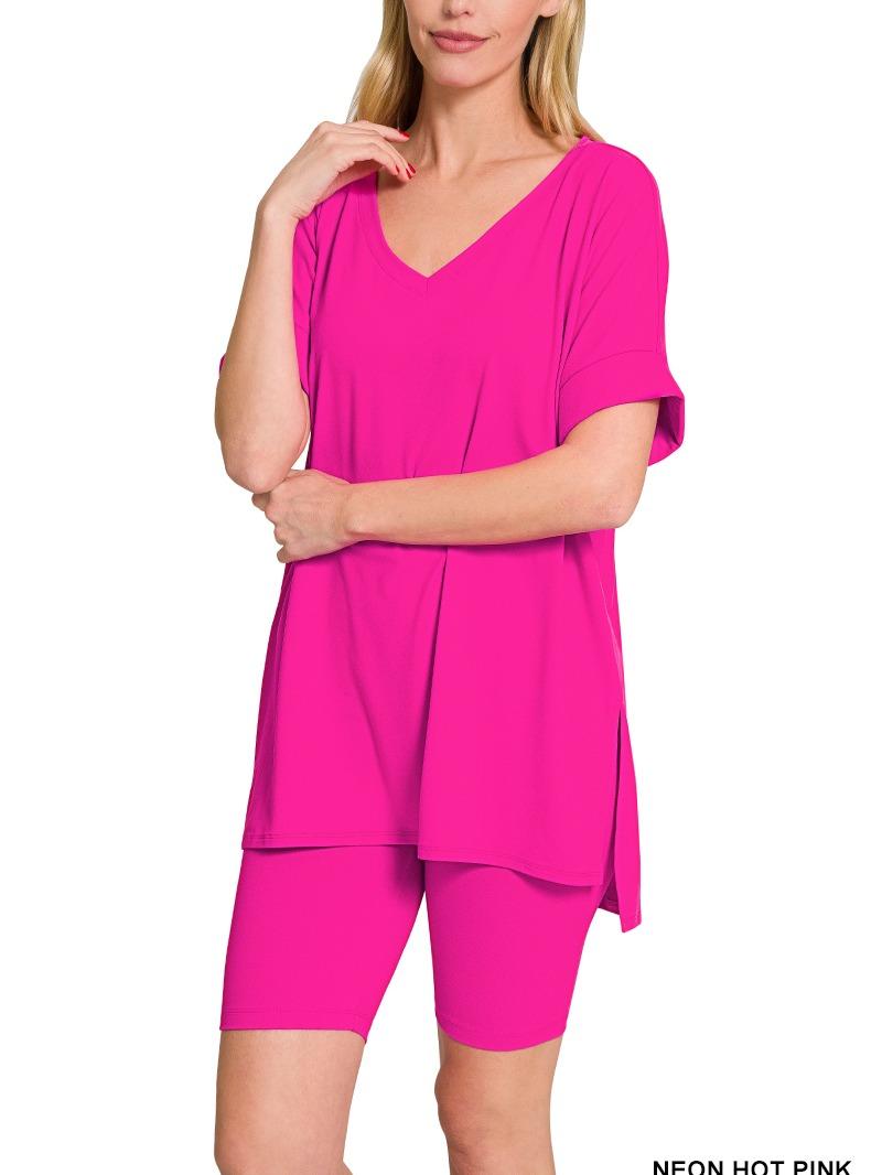 Elegant Comfort V-Neck Microfiber Top & Biker Shorts (12 Options)