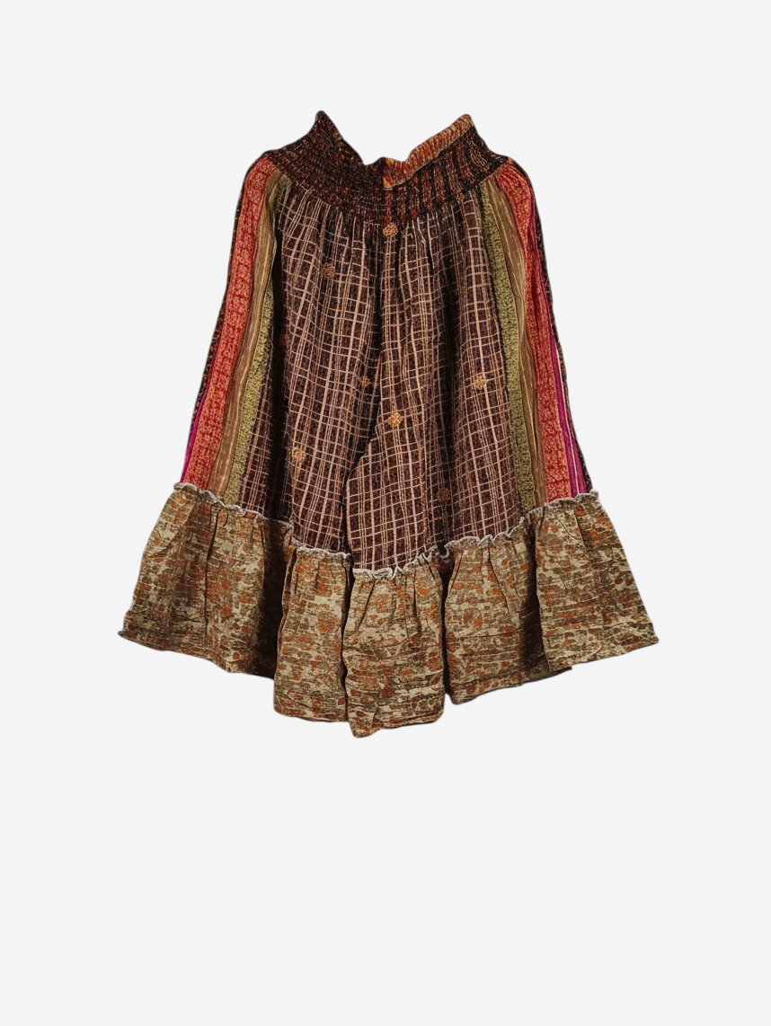 She Lives Beauty Anything for Selenas Bloomers in brown vintage kantha cotton with a ruffled hem and elastic waist.