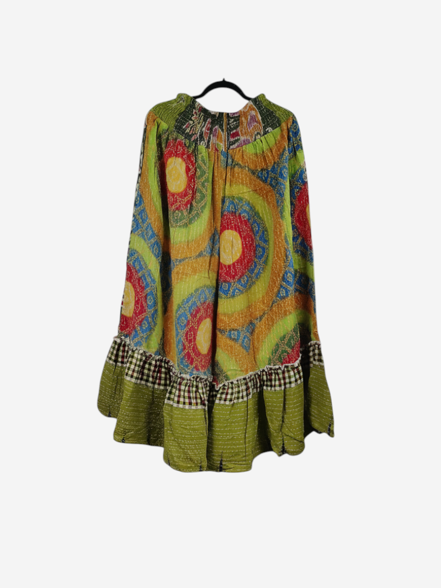 She Lives Beauty Anything for Selenas pants in green vintage Kantha cotton with a vibrant circular print and ruffle hem.