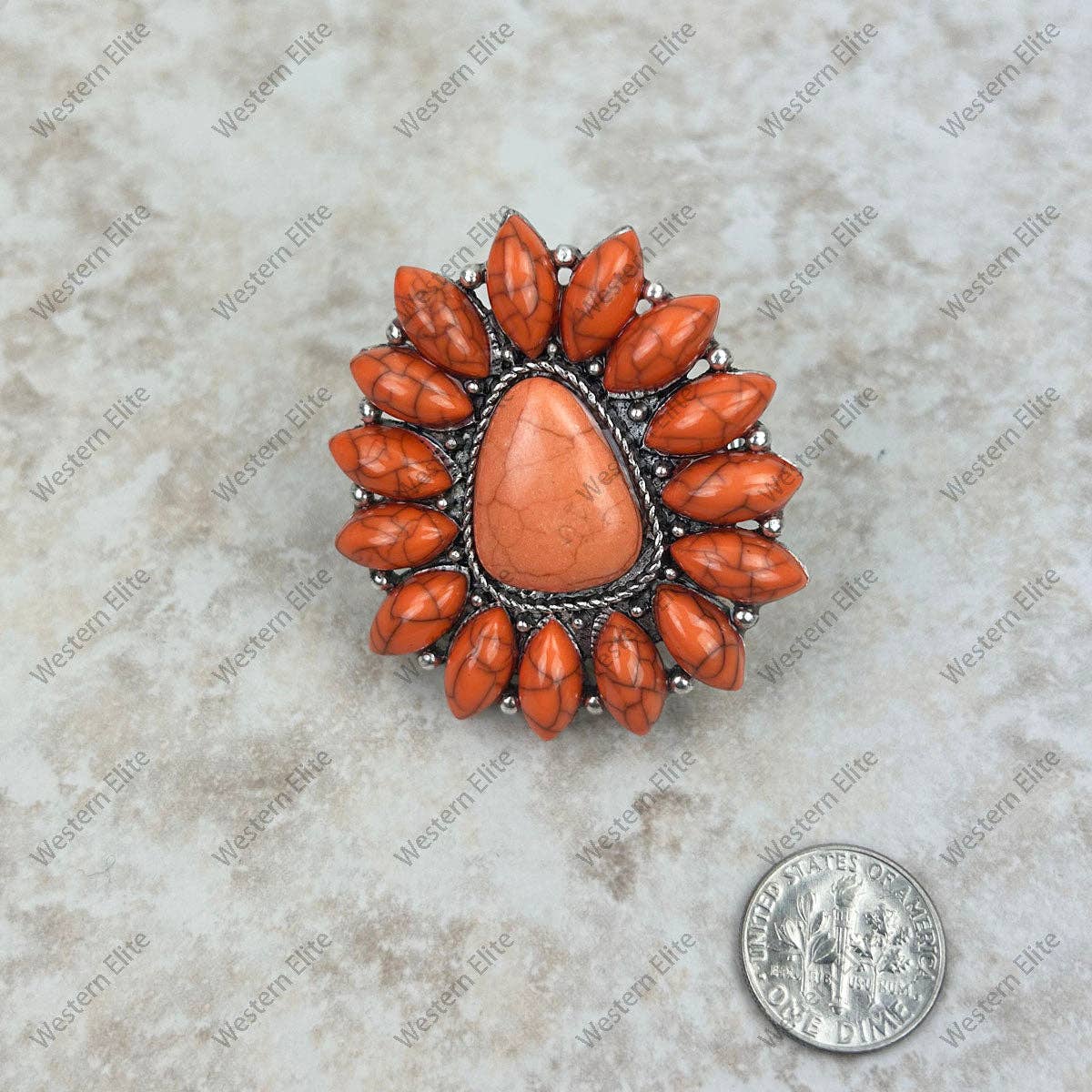 RGY220430-01-ORANGE Silver with orange stone concho stretch Ring
