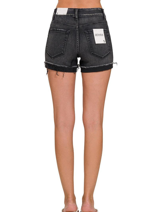 Hanging Out Washed Black Cuffed Raw Hem Denim Shorts