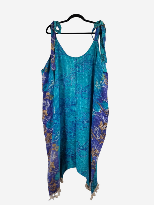 She Lives Beauty bohemian harem jumpsuit in blue vintage kantha cotton with capri length and tie shoulder straps