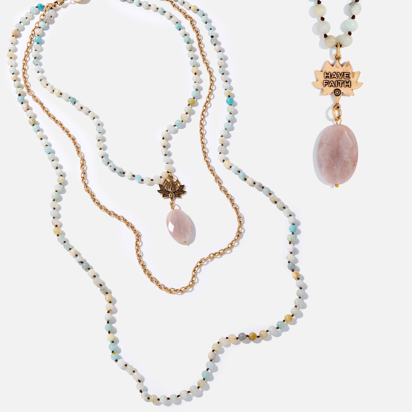 "Have Faith" Lotus Amazonite Long Chain Fusion Necklace