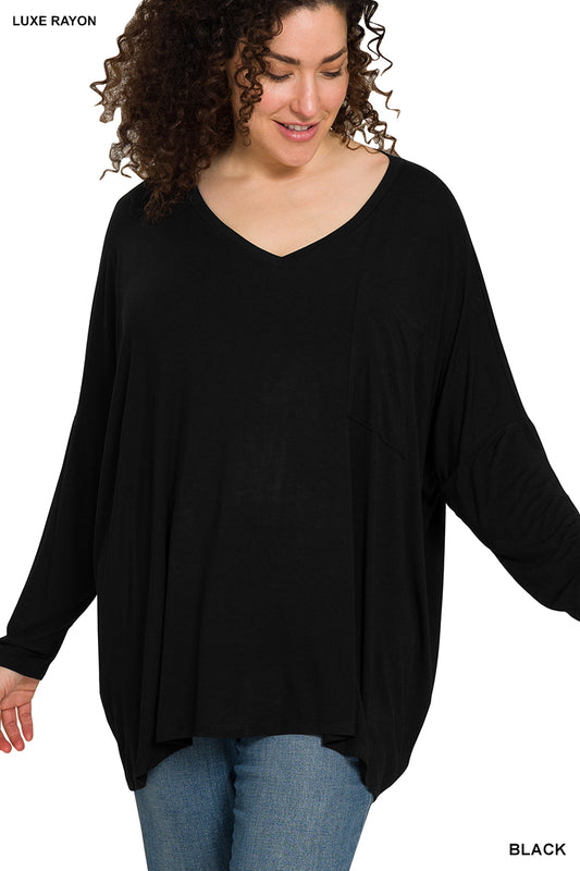Plus Size Oversized V-Neck Front Pocket Top (2 Options)