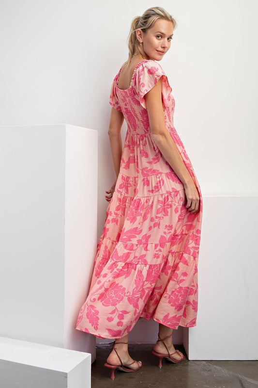 Enjoying the Season Smocked Front Printed Maxi Dress
