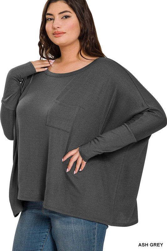 Plus Size Fashionable Dolman Sleeve Round Neck Top w/ Font Pocket