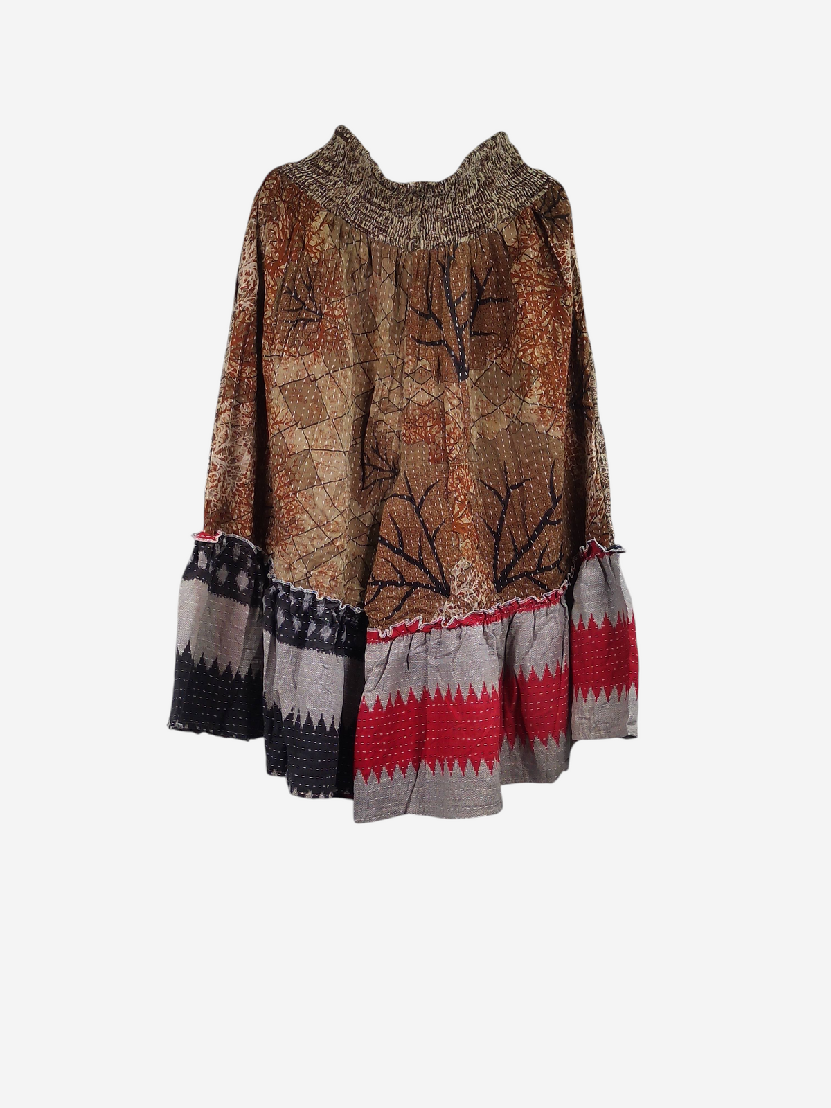 She Lives Beauty Anything for Selenas Bloomers in vintage kantha cotton with brown tree print and ruffled hem