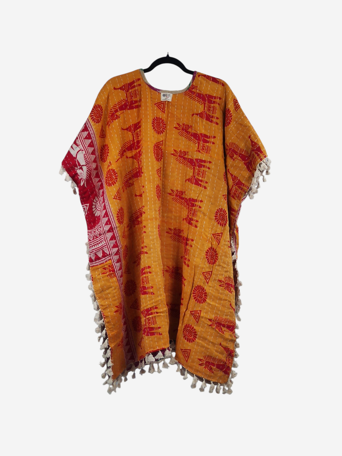 She Lives Beauty Short Sleeve Willow Fringe Kantha Kimono in mustard yellow vintage cotton with red animal prints.
